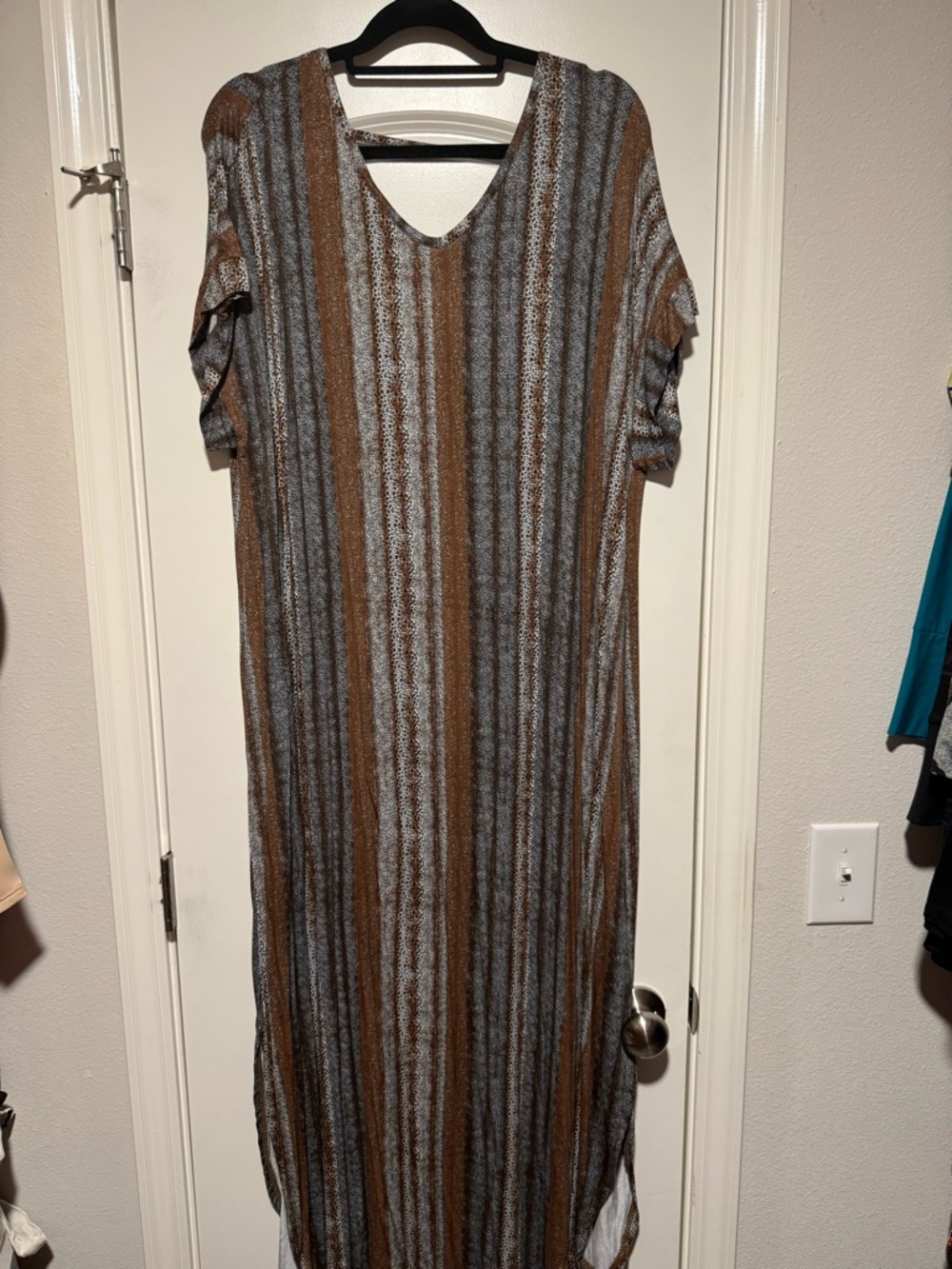 LuLaRoe Striped V-Neck Maxi Dress in Brown and Gray